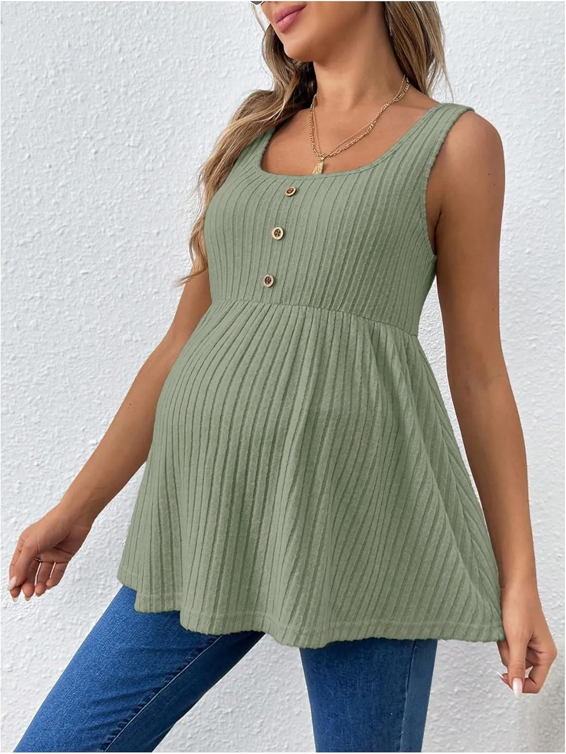 MakeMeChic Women's Maternity Tank Tops Summer Rib Knitted Flared Hem Sleeveless Buttoned Pregnancy Shirt Tops