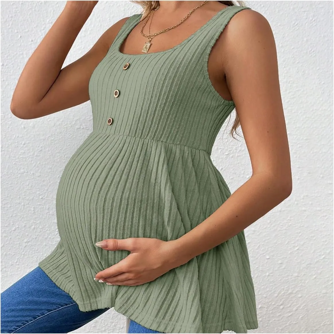 MakeMeChic Women's Maternity Tank Tops Summer Rib Knitted Flared Hem Sleeveless Buttoned Pregnancy Shirt Tops