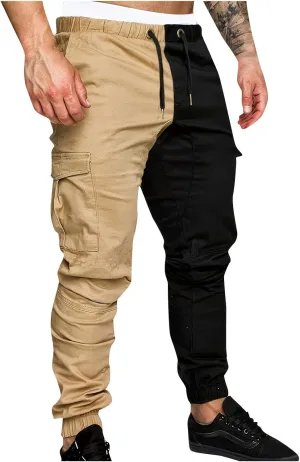Mens Cargo Pants Casual Multi Pockets Work Pants Trendy Color Block Hiking Pants Elastic Waist Drawstring Jogger Pants