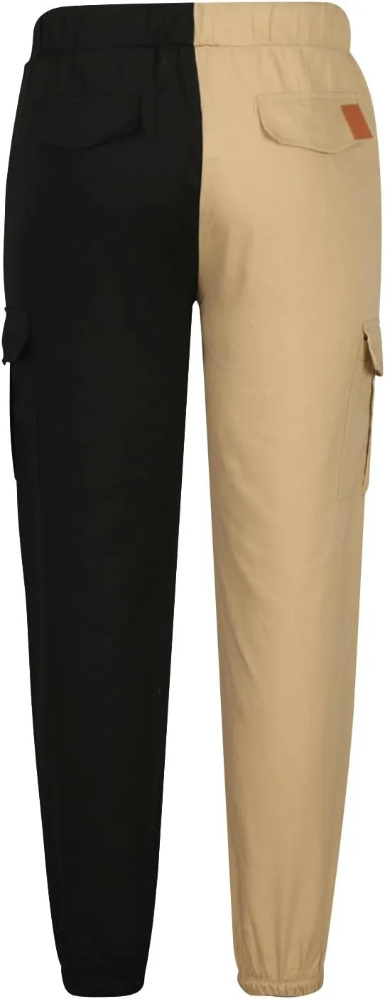 Mens Cargo Pants Casual Multi Pockets Work Pants Trendy Color Block Hiking Pants Elastic Waist Drawstring Jogger Pants