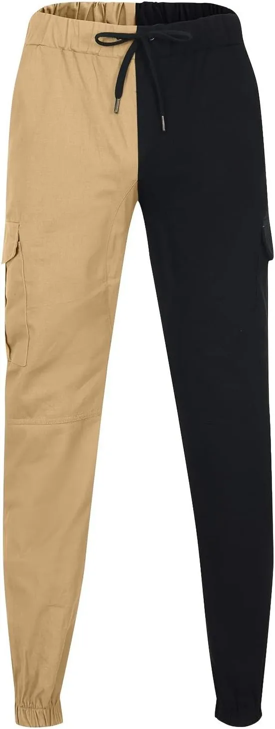 Mens Cargo Pants Casual Multi Pockets Work Pants Trendy Color Block Hiking Pants Elastic Waist Drawstring Jogger Pants