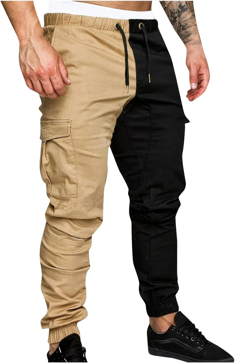 Mens Cargo Pants Casual Multi Pockets Work Pants Trendy Color Block Hiking Pants Elastic Waist Drawstring Jogger Pants