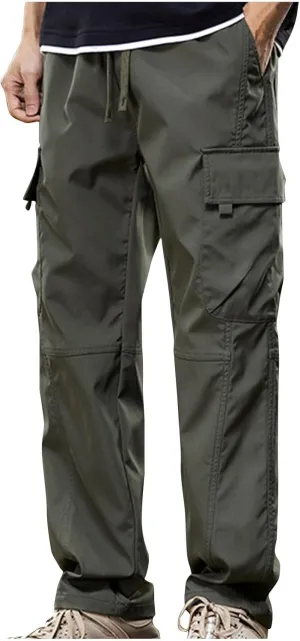 Mens Cargo Pants Multi-Pockets Classic-Fit Hiking Pants Elastic Waist Drawstring Work Pants Solid Color Outdoors Pants