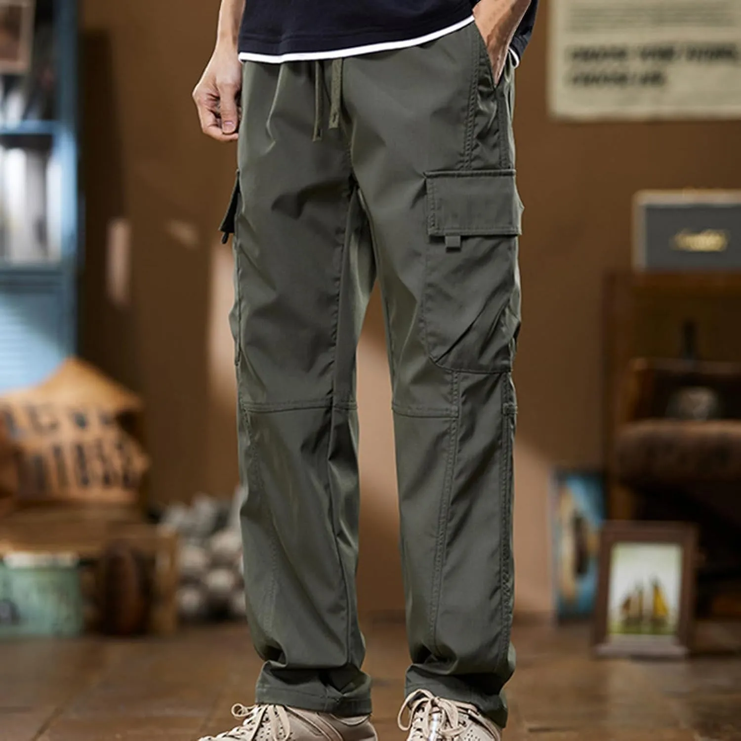 Mens Cargo Pants Multi-Pockets Classic-Fit Hiking Pants Elastic Waist Drawstring Work Pants Solid Color Outdoors Pants