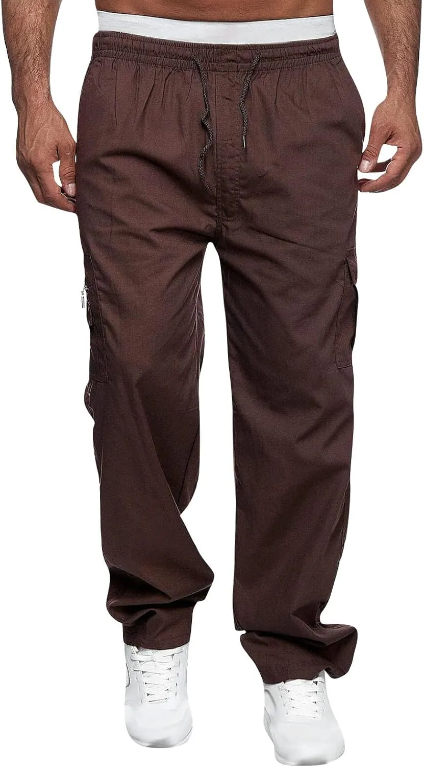 Mens Cargo Pants Relaxed Fit Elastic Waist Pants Straight Leg Chinos Pants High Waisted Track Pants with Pockets