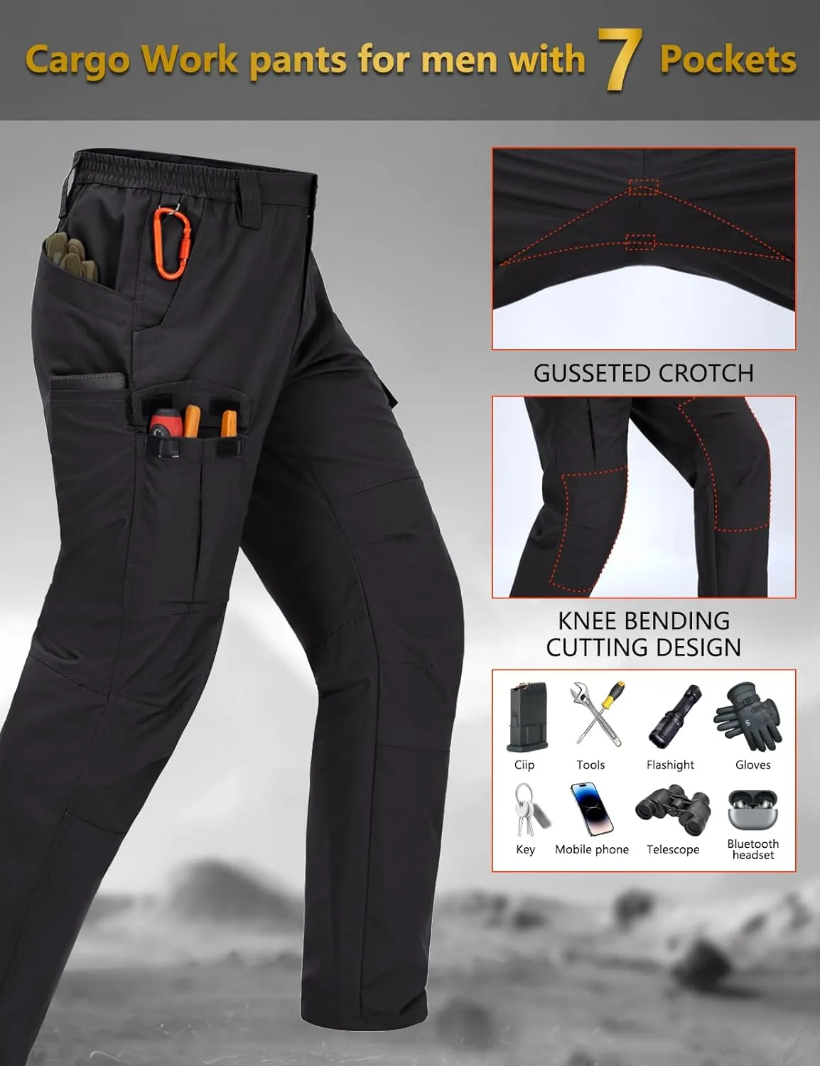 Mens Cargo Pants Waterproof Hiking Pants for Men Ripstop Tactical Pants Multi Work Pants with 7 Pockets