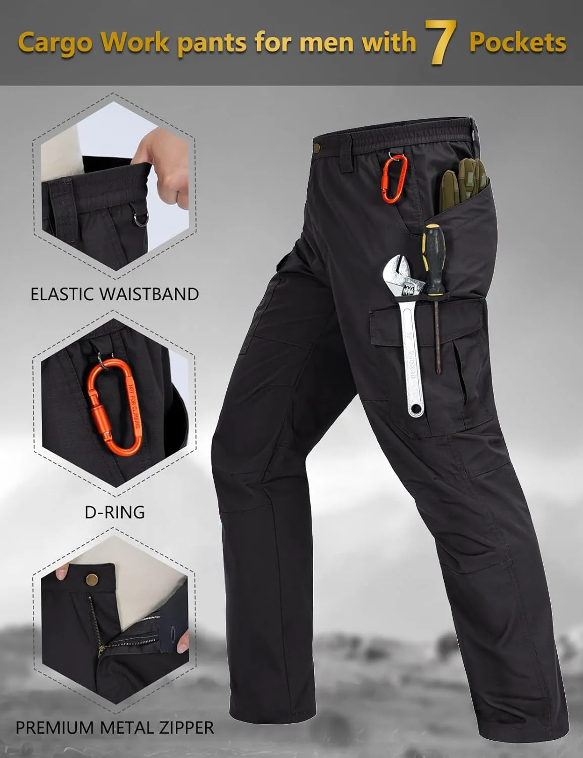 Mens Cargo Pants Waterproof Hiking Pants for Men Ripstop Tactical Pants Multi Work Pants with 7 Pockets