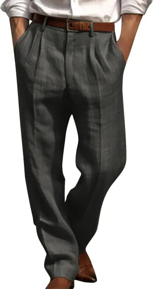 Mens Casual Linen Pants Loose Fit Elastic Drawstring Waist Straight-Legs Summer Yoga Beach Long Pants Trousers