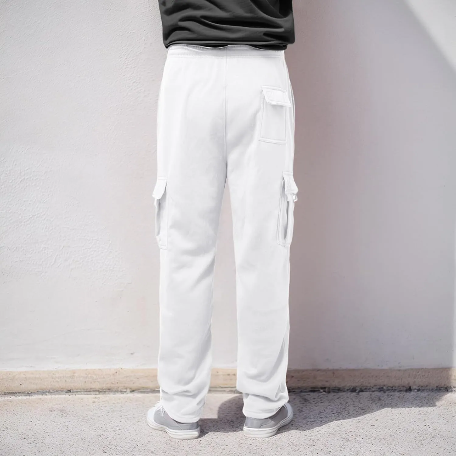 Men's Casual Pants Mens Athleisure and Fleece Bunched Feet Multi Pocket Cargo Pants Open Bottom Athletic Pants Black