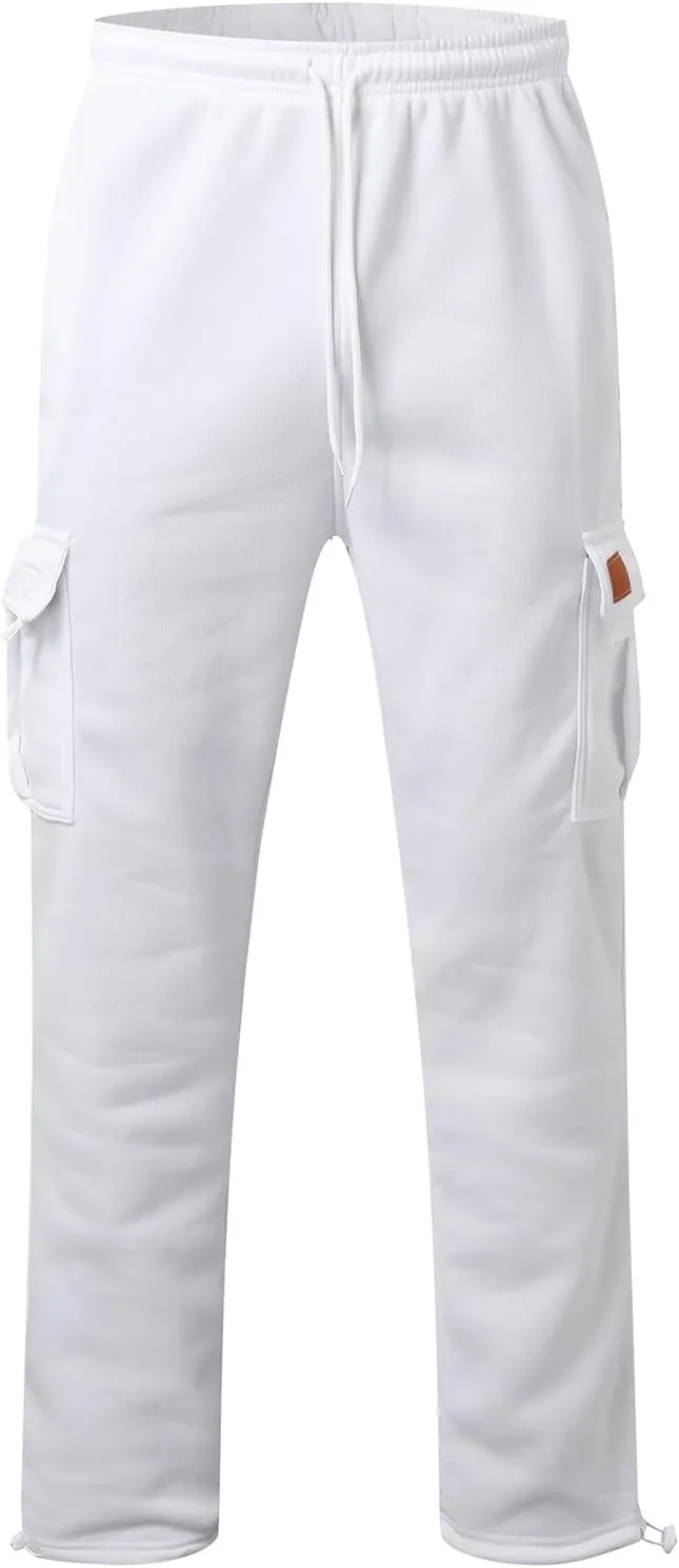 Men's Casual Pants Mens Athleisure and Fleece Bunched Feet Multi Pocket Cargo Pants Open Bottom Athletic Pants Black