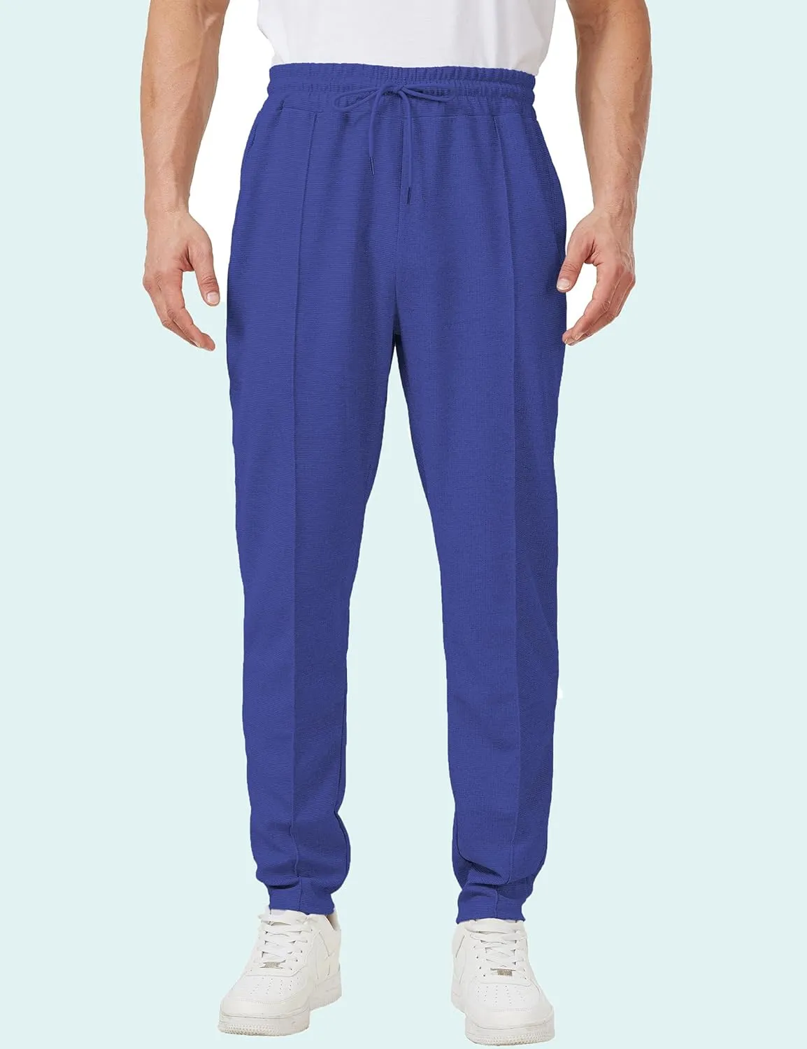 Men's Casual Pants Waffle Knit Pants Lightweight Open Bottom Pants Slim Fit Drawstring Jogger Yoga Pants with Pockets