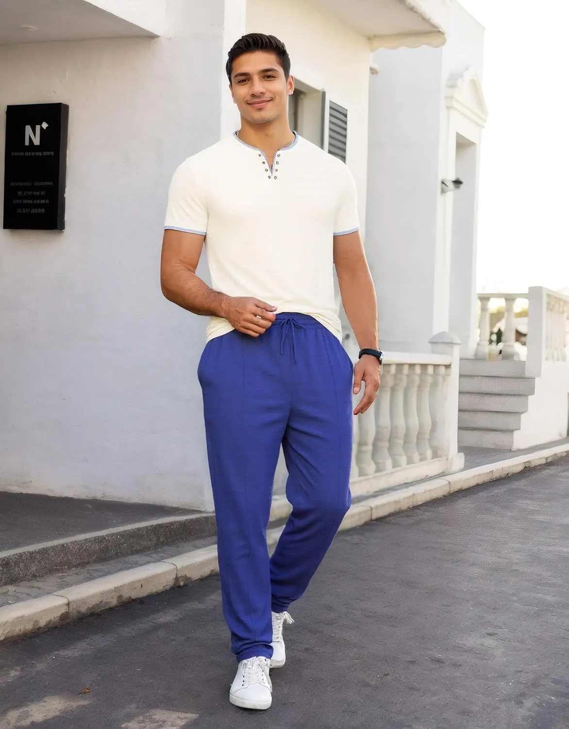 Men's Casual Pants Waffle Knit Pants Lightweight Open Bottom Pants Slim Fit Drawstring Jogger Yoga Pants with Pockets