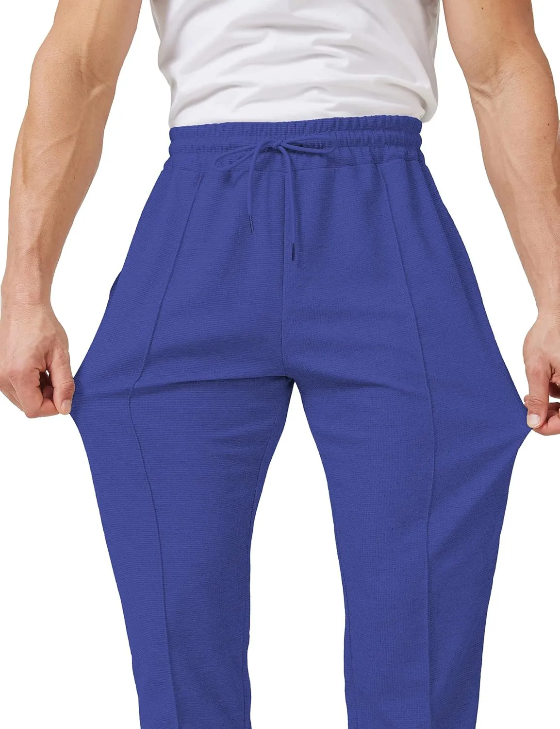 Men's Casual Pants Waffle Knit Pants Lightweight Open Bottom Pants Slim Fit Drawstring Jogger Yoga Pants with Pockets