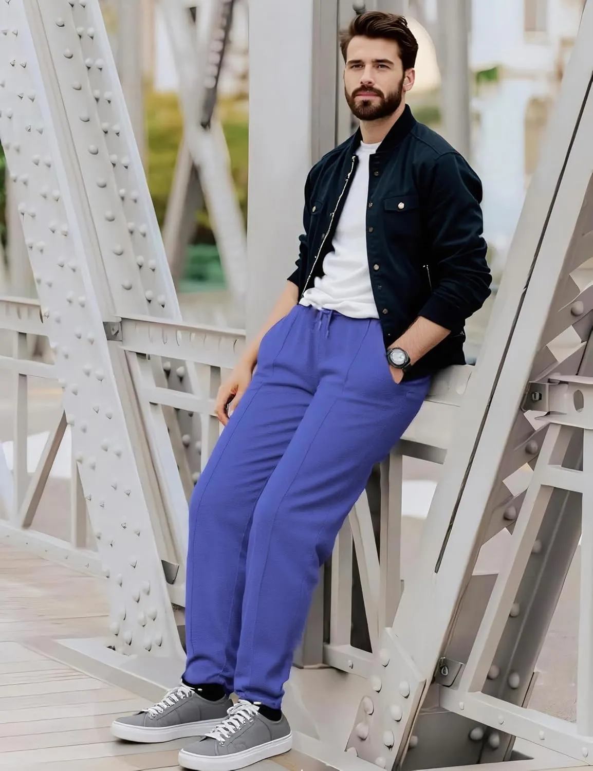 Men's Casual Pants Waffle Knit Pants Lightweight Open Bottom Pants Slim Fit Drawstring Jogger Yoga Pants with Pockets