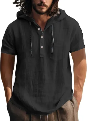 Men's Cotton Linen Hoodies Shirts Short Sleeve Casual Lace Up Hooded Shirt Breathable Quick Dry Beach Hippie Tee Top