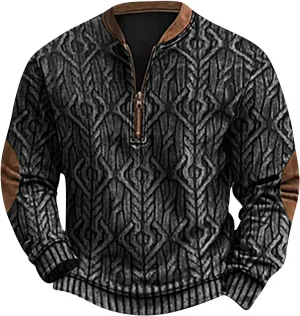 Men's Half Zip Pullover Vintage Long Sleeve Sweatshirt Elbow Patch Sweatshirt Fashion Hoodless Western Top