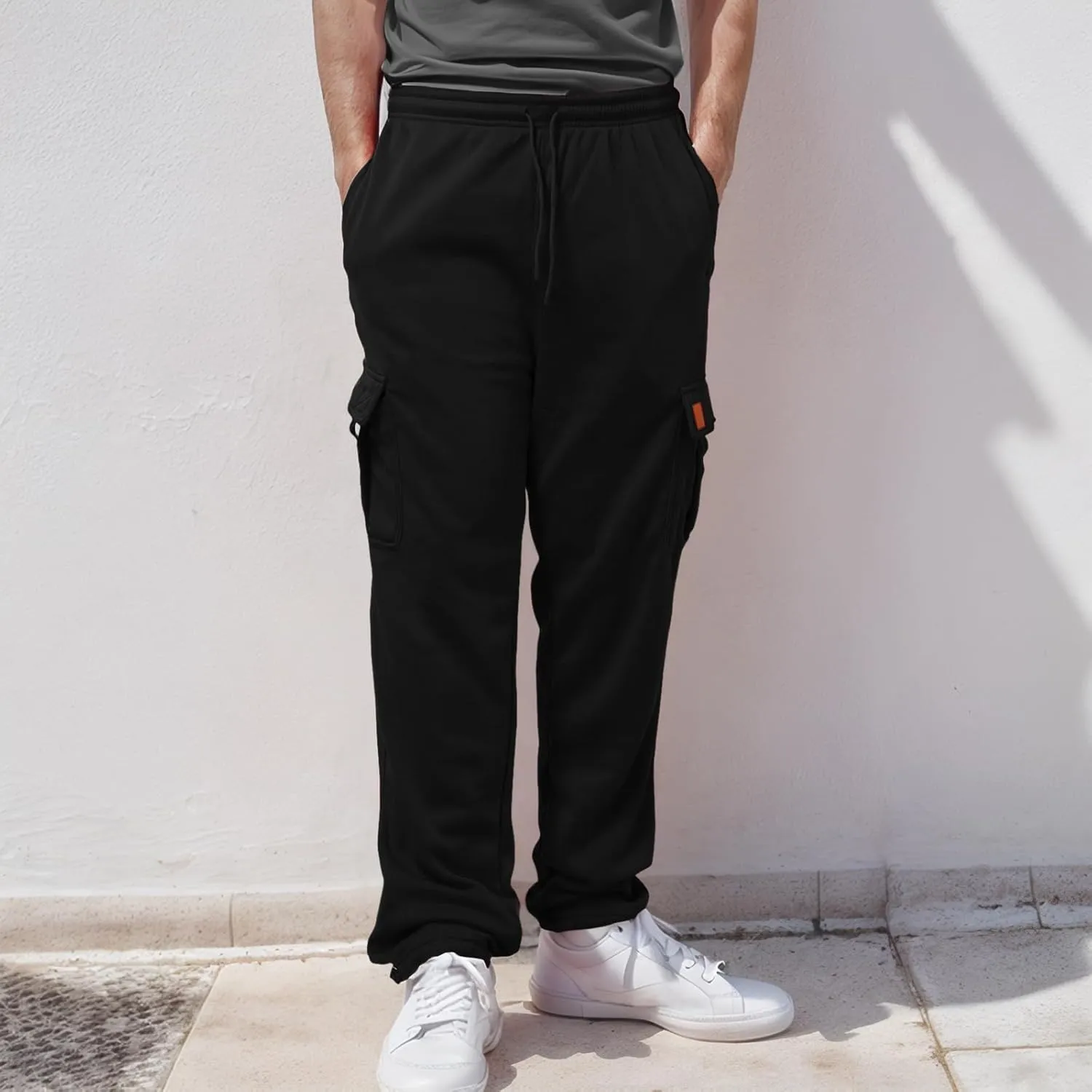 Men's Heavyweight Cargo Fleece Sweatpants Stretch Elastic Waist Trousers Drawstring Loose Fit Joggers with Pockets