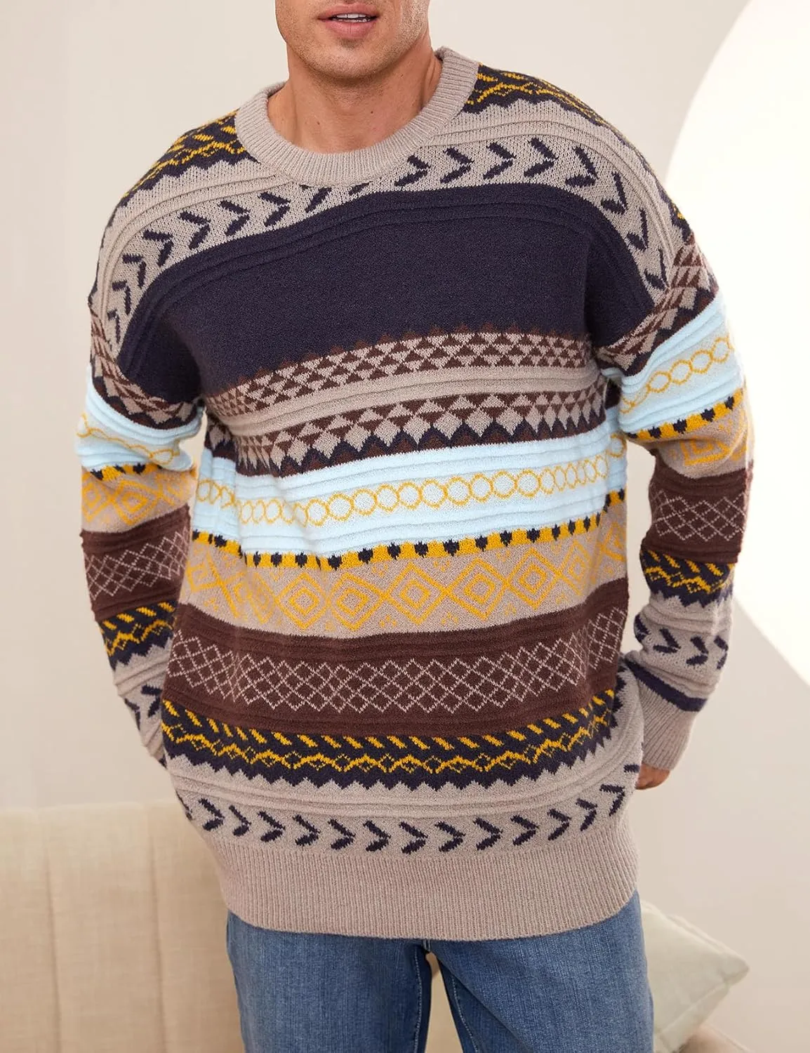 Mens Knit Sweater Grandpa Vintage Knitted Sweaters Oversized Striped Spring Pullover Casual Long Sleeve Pullovers