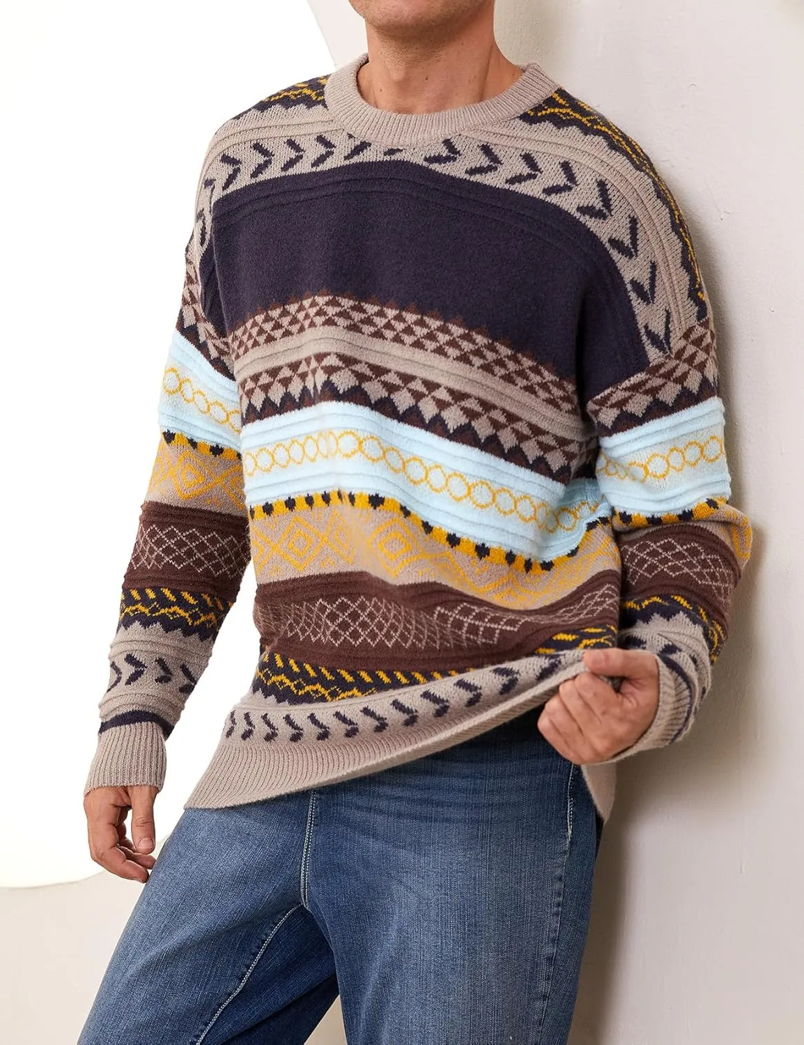 Mens Knit Sweater Grandpa Vintage Knitted Sweaters Oversized Striped Spring Pullover Casual Long Sleeve Pullovers