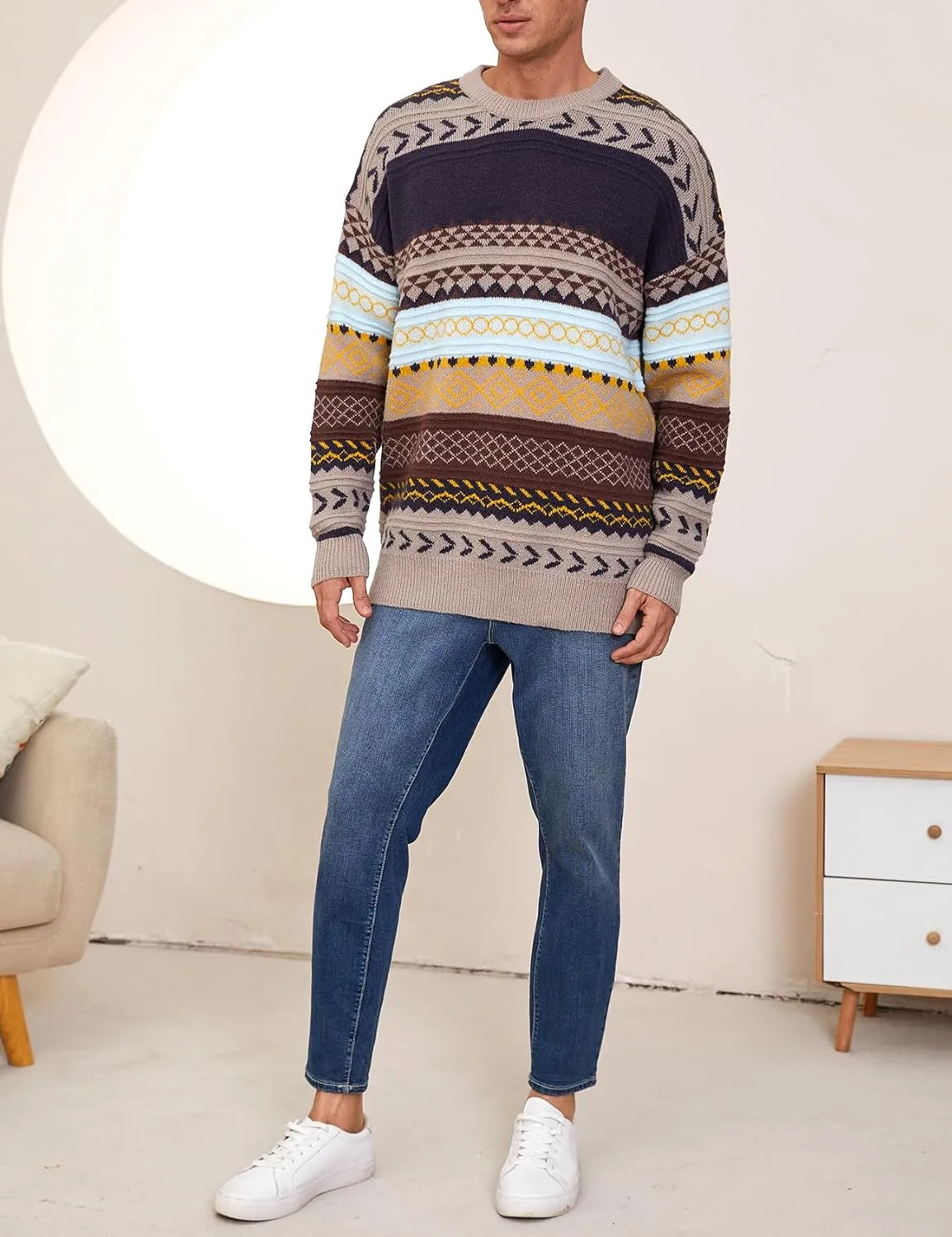 Mens Knit Sweater Grandpa Vintage Knitted Sweaters Oversized Striped Spring Pullover Casual Long Sleeve Pullovers