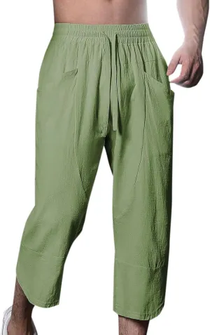 Mens Linen Pants Beach Casual Elastic Waist Pants Drawstring Summer Beach Pants Quick Dry Baggy Pants Moisture Wicking