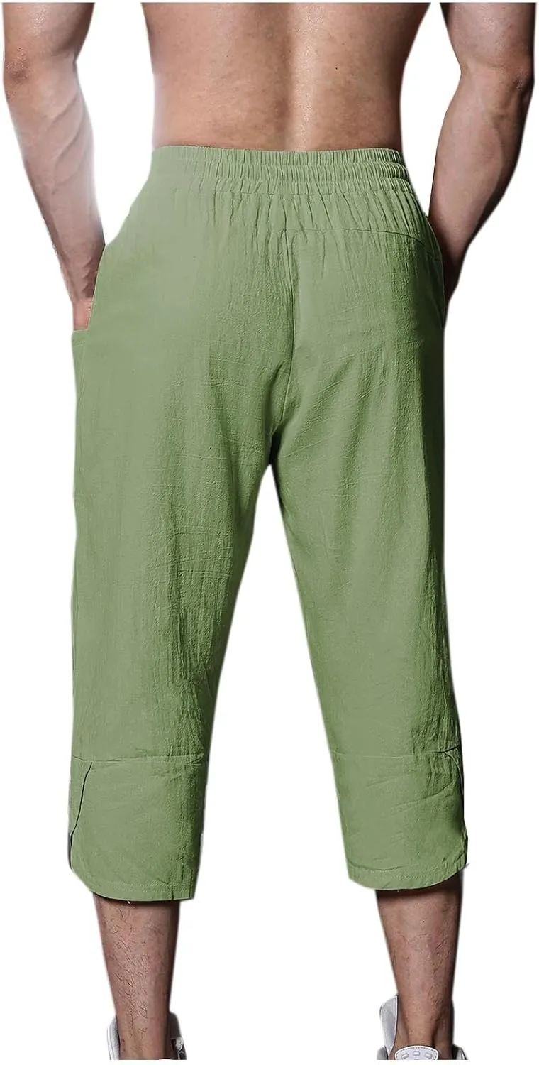 Mens Linen Pants Beach Casual Elastic Waist Pants Drawstring Summer Beach Pants Quick Dry Baggy Pants Moisture Wicking