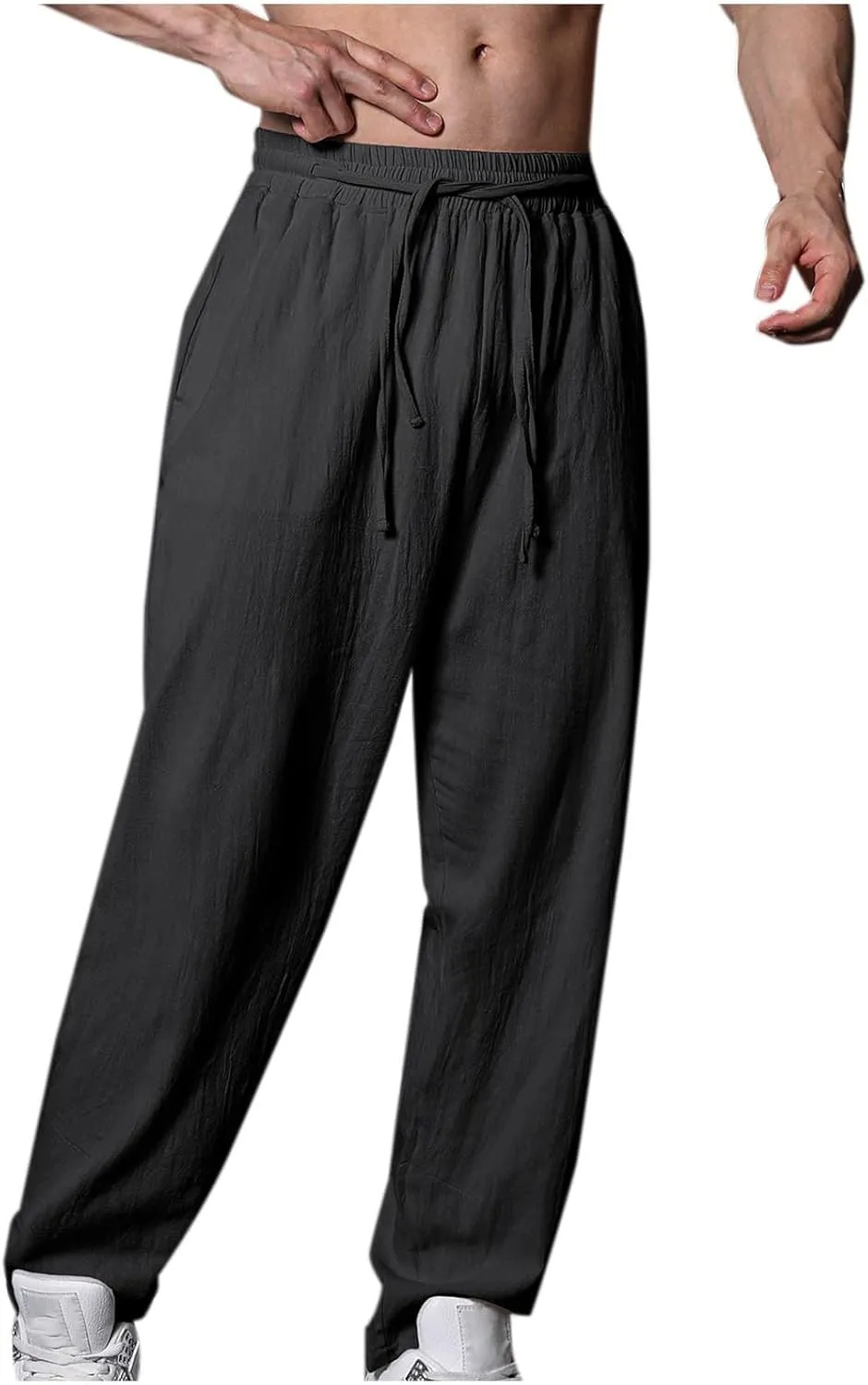 Mens Linen Pants Casual Pants Drawstring Beach Trousers Relaxed-Fit Yoga Pants Summer Elastic Waist Pants
