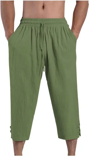 Men's Linen Pants Casual Pants Drawstring Beach Trousers Relaxed-Fit Yoga Pants Summer Elastic Waist Pants