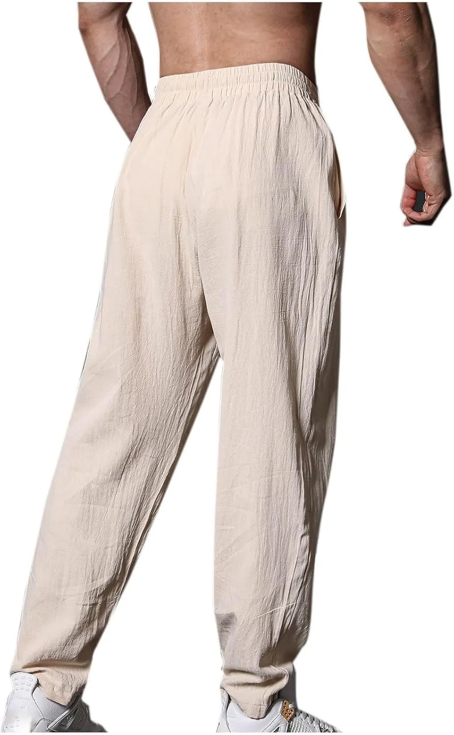 Mens Linen Pants Casual Pants Drawstring Beach Trousers Relaxed-Fit Yoga Pants Summer Elastic Waist Pants