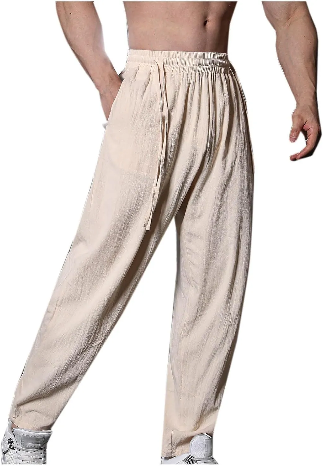 Mens Linen Pants Casual Pants Drawstring Beach Trousers Relaxed-Fit Yoga Pants Summer Elastic Waist Pants