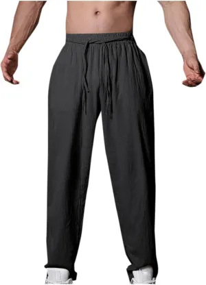 Mens Linen Pants Casual Pants Drawstring Beach Trousers Relaxed-Fit Yoga Pants Summer Elastic Waist Pants
