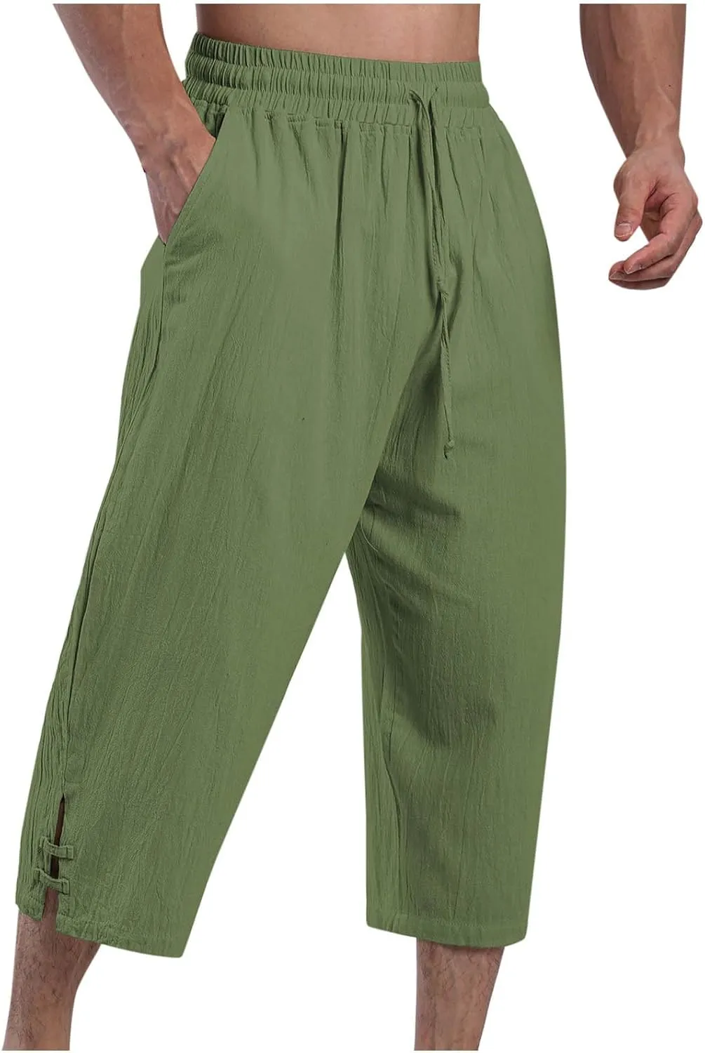Men's Linen Pants Casual Pants Drawstring Beach Trousers Relaxed-Fit Yoga Pants Summer Elastic Waist Pants