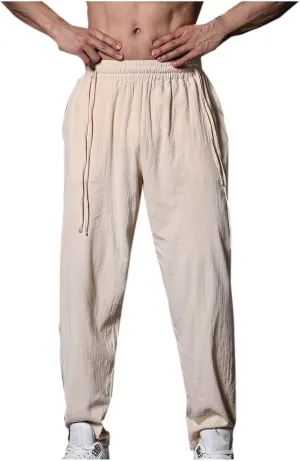 Mens Linen Pants Casual Pants Drawstring Beach Trousers Relaxed-Fit Yoga Pants Summer Elastic Waist Pants