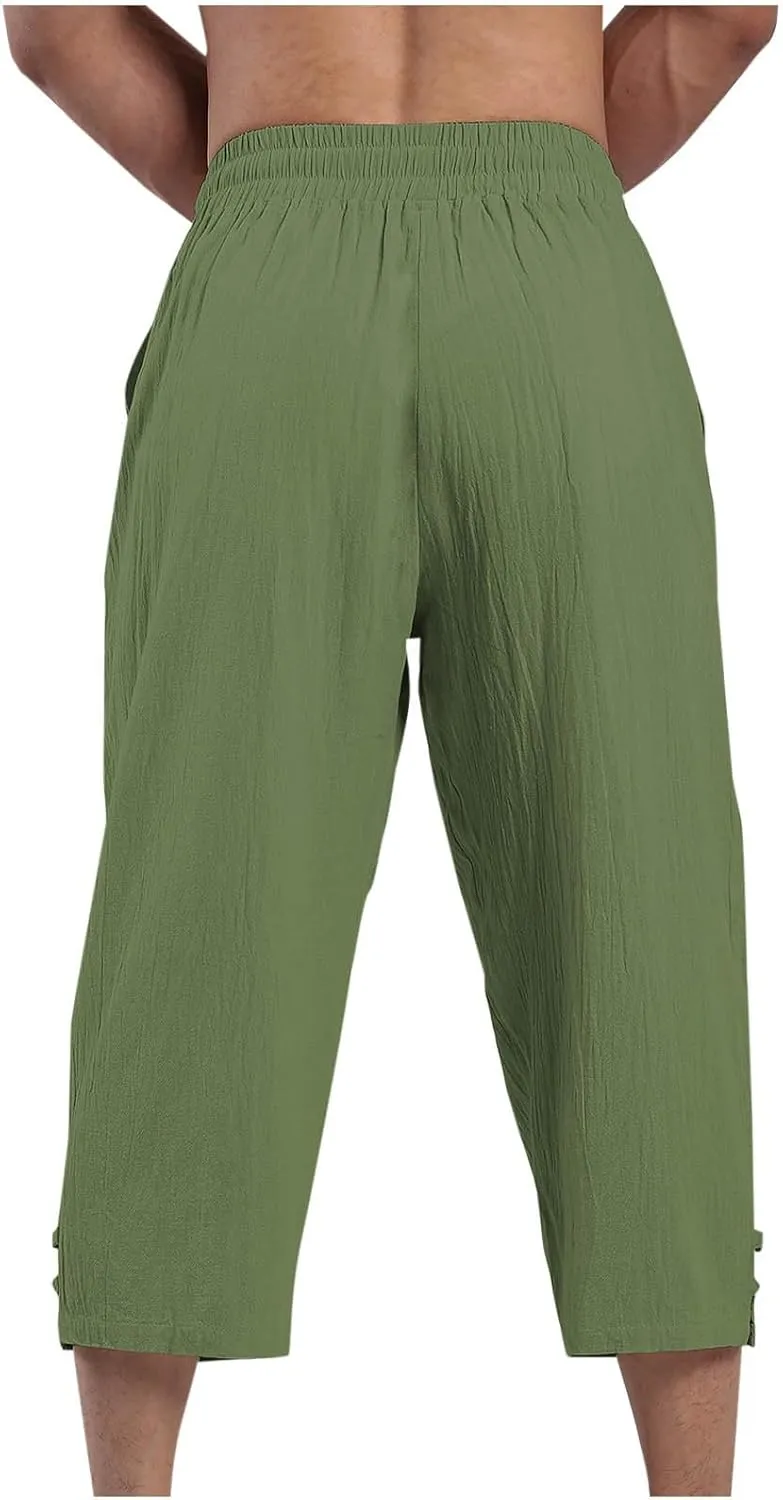 Men's Linen Pants Casual Pants Drawstring Beach Trousers Relaxed-Fit Yoga Pants Summer Elastic Waist Pants
