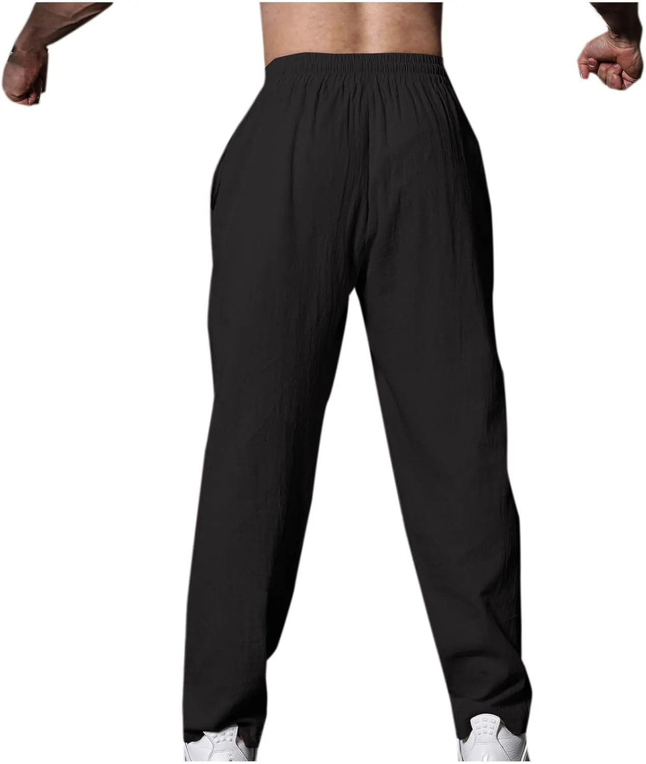 Mens Linen Pants Casual Pants Drawstring Beach Trousers Relaxed-Fit Yoga Pants Summer Elastic Waist Pants