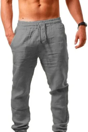 Men's Linen Pants Casual Pants Summer Beach Trousers Drawstring Yoga Pants Loose Fit Elastic Waist Pants