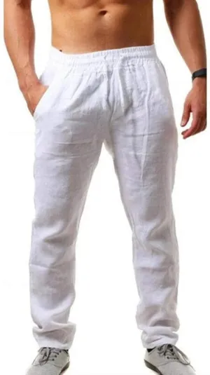 Men's Linen Pants Casual Pants Summer Beach Trousers Drawstring Yoga Pants Loose Fit Elastic Waist Pants