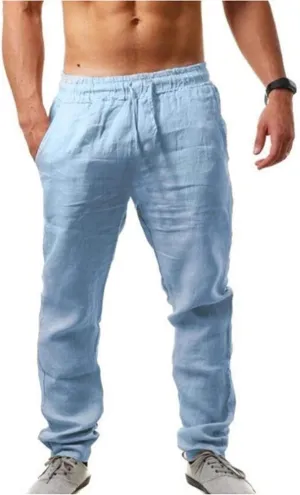 Men's Linen Pants Casual Pants Summer Beach Trousers Drawstring Yoga Pants Loose Fit Elastic Waist Pants