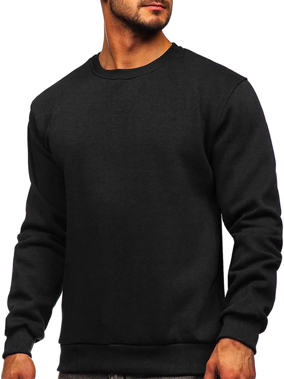Mens Long Sleeve Round Neck Tops Solid Sweatshirts Pullover Sweatshirt Fall Winter Warm Fleece Sweatshirt Tops