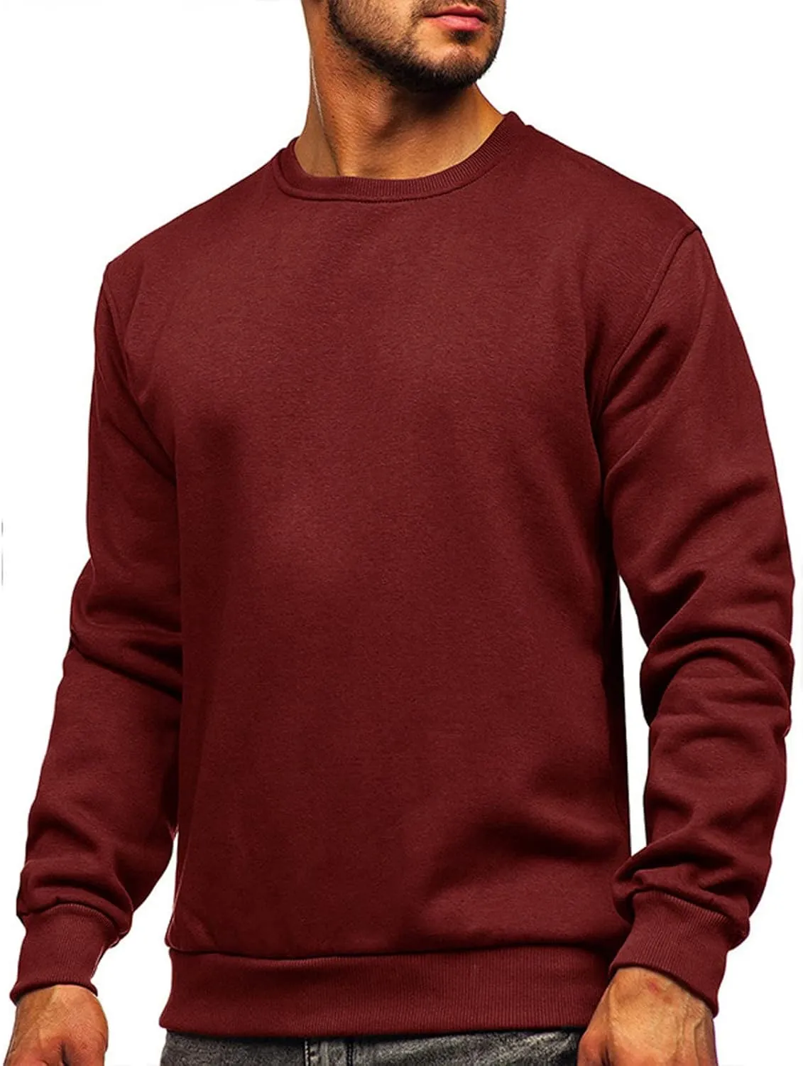 Mens Long Sleeve Round Neck Tops Solid Sweatshirts Pullover Sweatshirt Fall Winter Warm Fleece Sweatshirt Tops