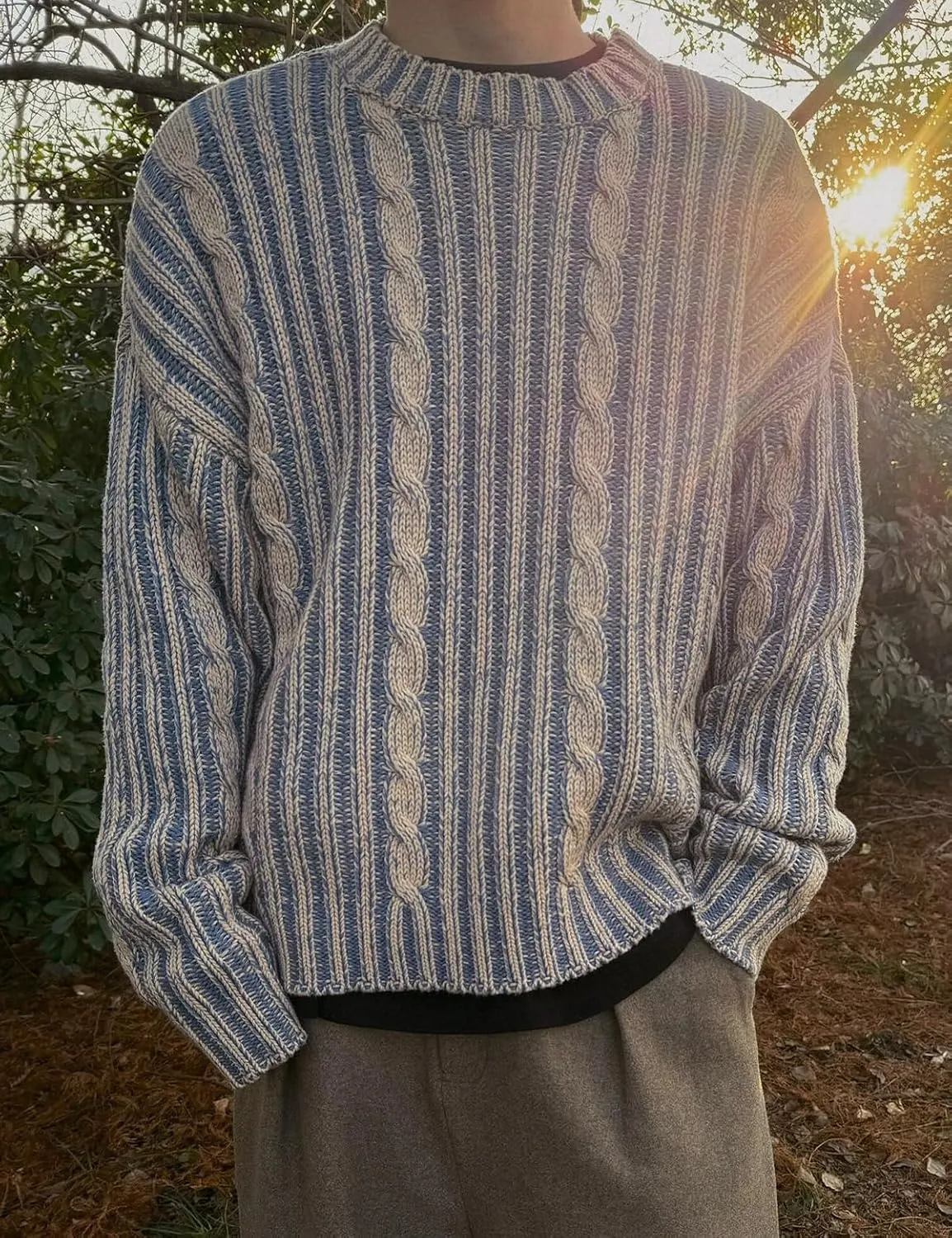 Men's Oversized Chunky Cable Knit Sweater Twisted Rope Crewneck Long Sleeve Vintage Pullovers Tops