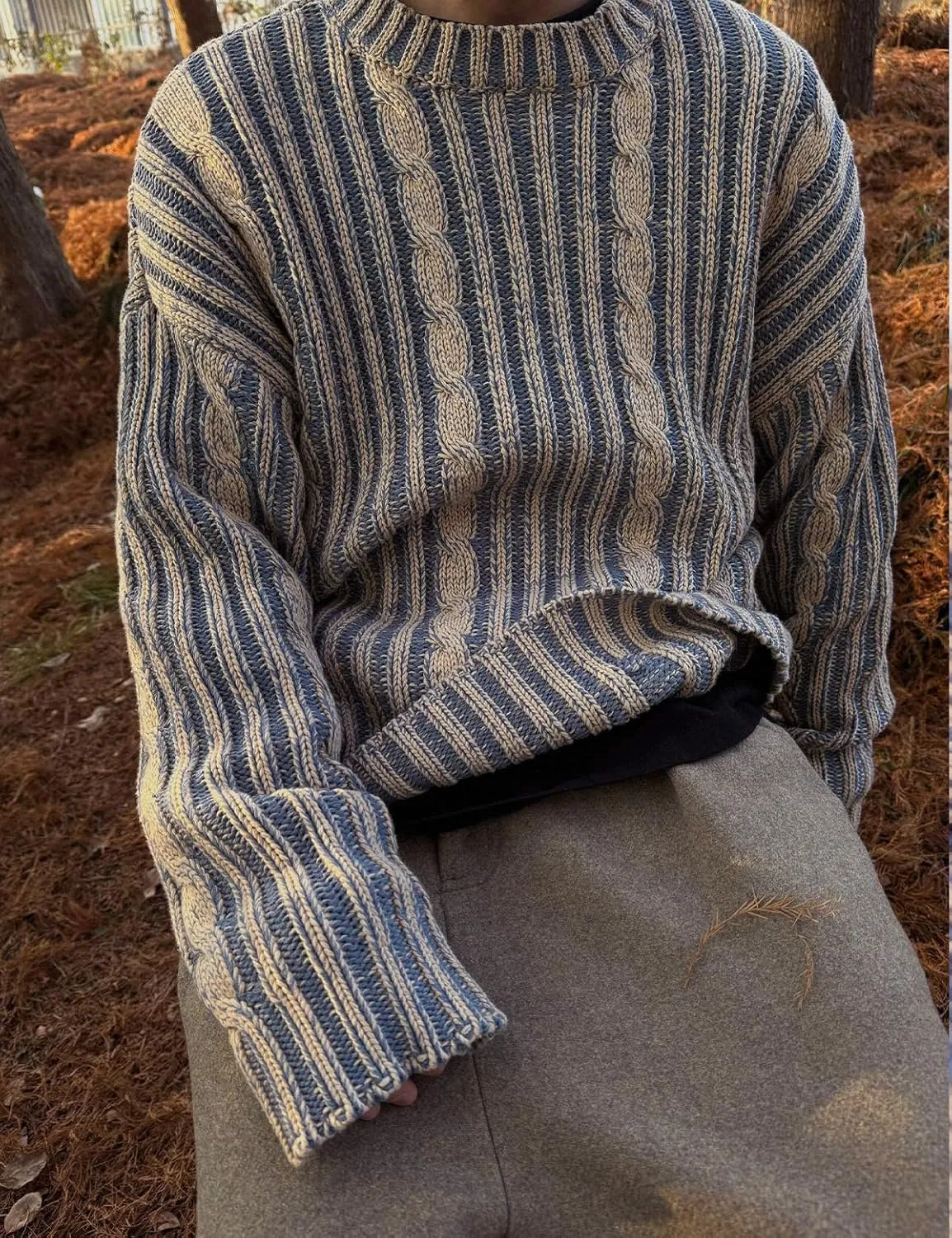 Men's Oversized Chunky Cable Knit Sweater Twisted Rope Crewneck Long Sleeve Vintage Pullovers Tops