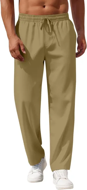 Mens Pants Casual Summer Lightweight Elastic Waist Linen Pants Baggy Business Work Pants with Pockets Trousers Pants