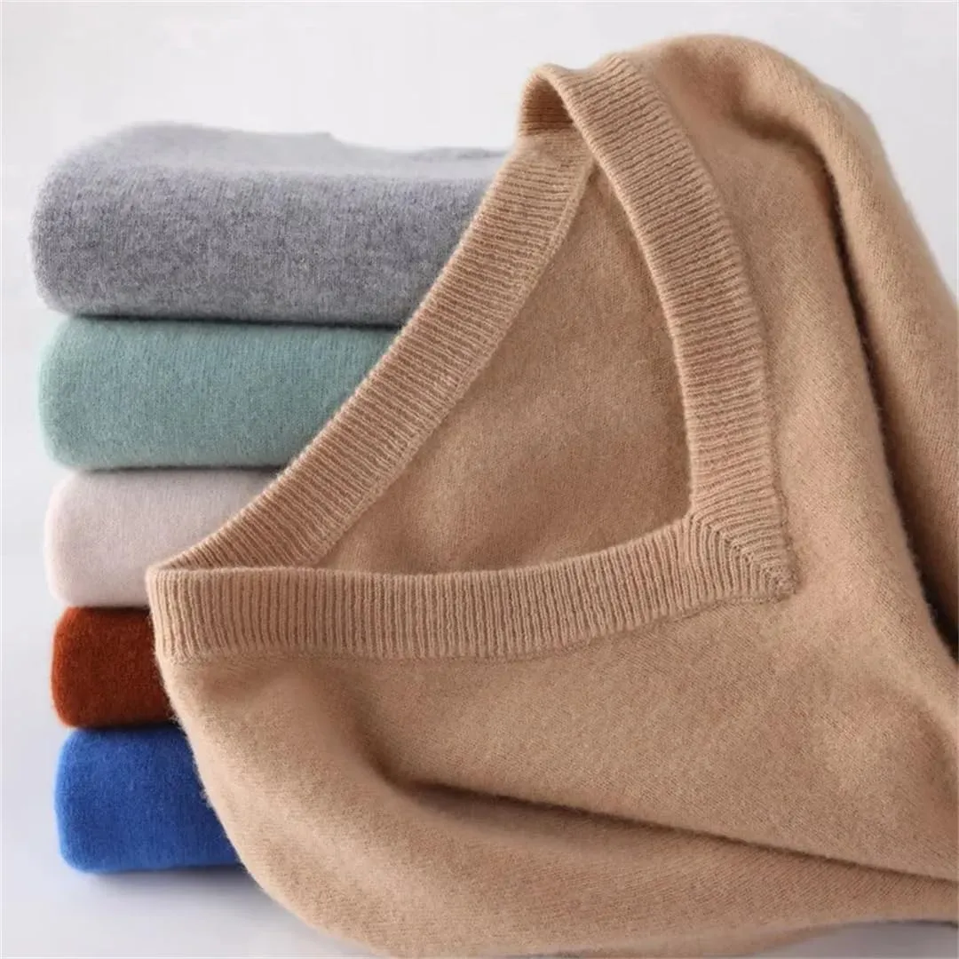 Mens V-Neck Solid Color Pullovers Sweaters Knitting Long Sleeves Casual Jumpers Tops