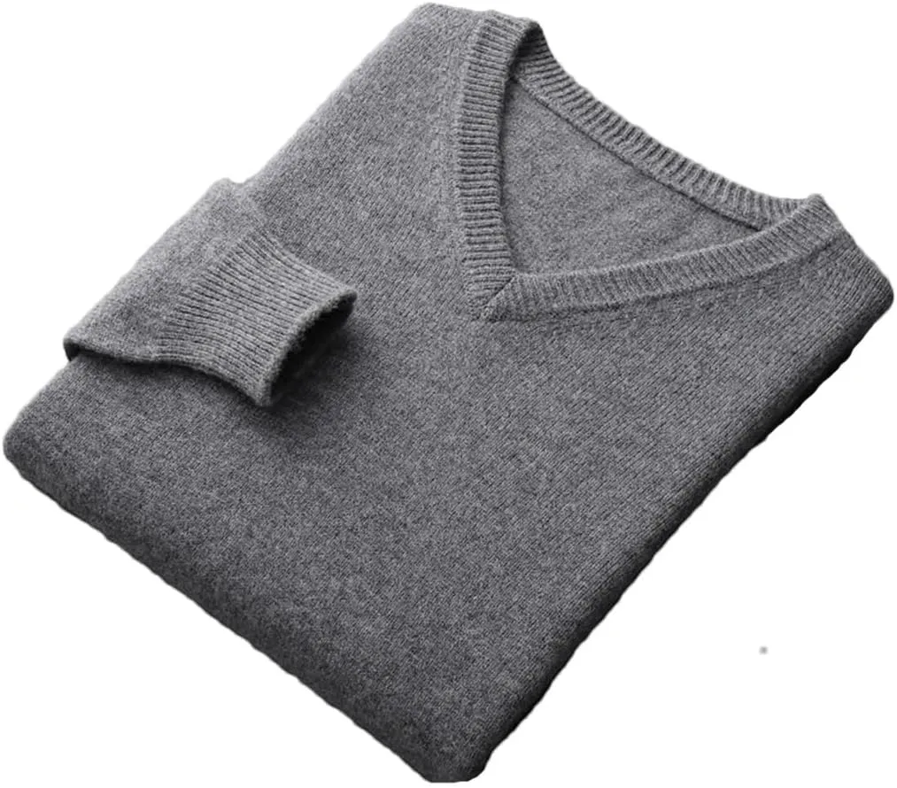 Men's V-Neck Solid Pullovers Loose Knit Base Shirt Business Sweater Tops