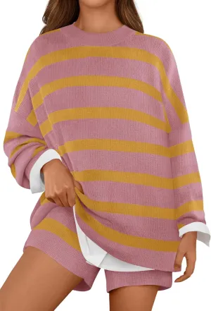 MEROKEETY Women's 2 Piece Sweater Lounge Sets Striped Long Sleeve Shorts Oversized Matching Outfits