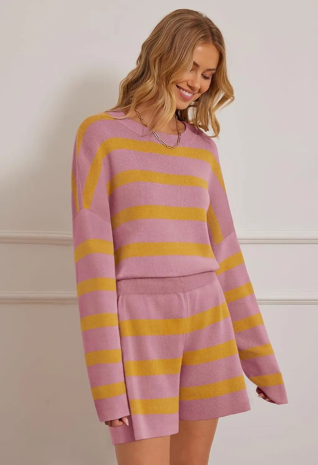 MEROKEETY Women's 2 Piece Sweater Lounge Sets Striped Long Sleeve Shorts Oversized Matching Outfits