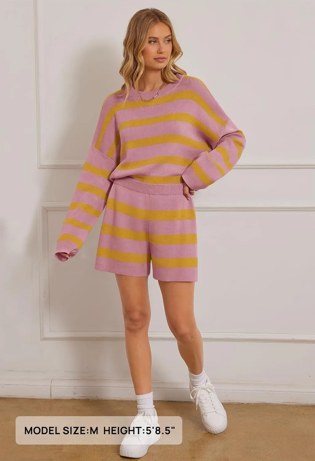 MEROKEETY Women's 2 Piece Sweater Lounge Sets Striped Long Sleeve Shorts Oversized Matching Outfits