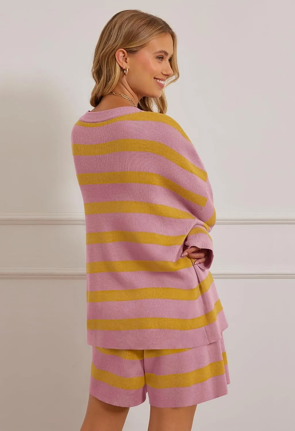 MEROKEETY Women's 2 Piece Sweater Lounge Sets Striped Long Sleeve Shorts Oversized Matching Outfits