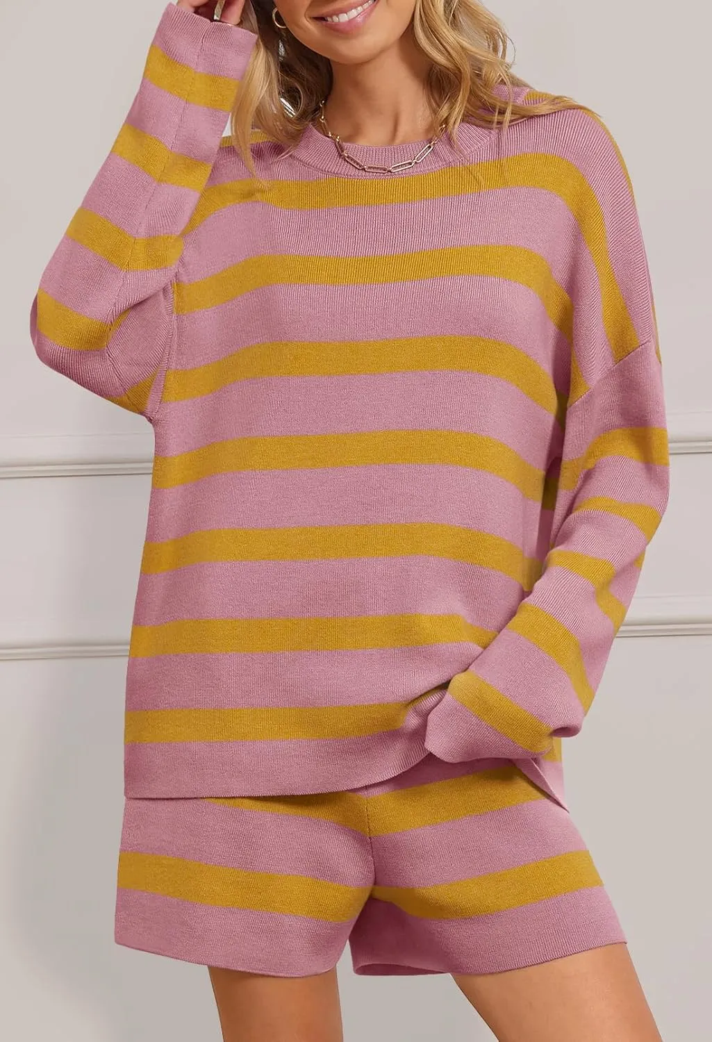 MEROKEETY Women's 2 Piece Sweater Lounge Sets Striped Long Sleeve Shorts Oversized Matching Outfits